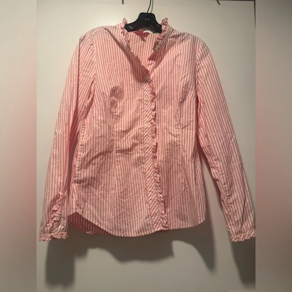 Lilly Pulitzer Pink Striped 100% Cotton Button Down Ruffle Shirt Blouse Sz 8 - Picture 2 of 5